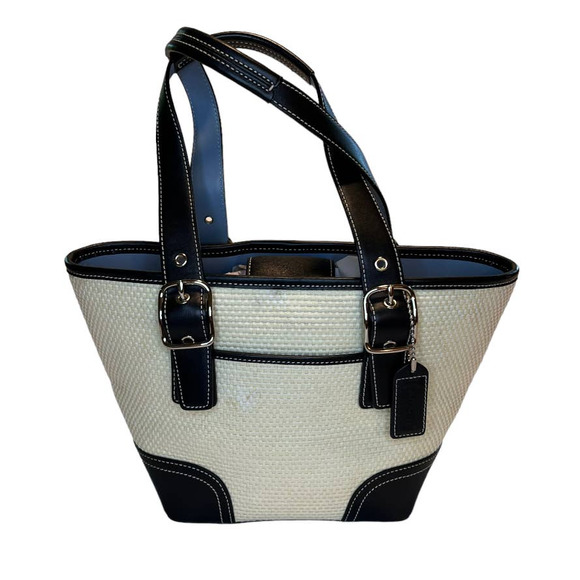 Coach Handbags - Coach Woven Ivory and Black Leather Small Satchel Shoulder Bag